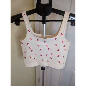 OQQ Cherry Print Tank Top Womens Large Cream Seamless Ribbed Cropped Square Neck